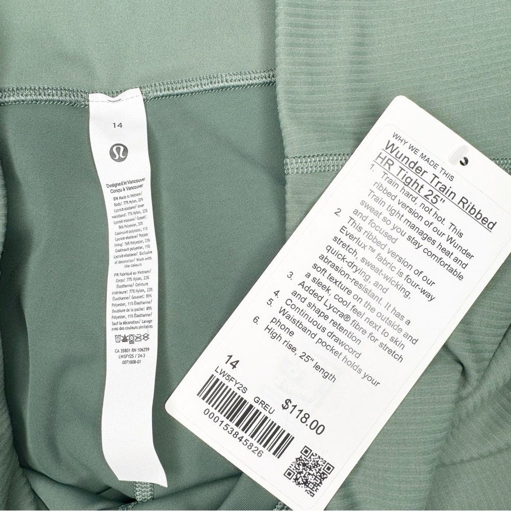 Lululemon Wunder Train Ribbed High Rise Tight Leggings Grey Eucalyptus 12 14 NWT - Picture 12 of 12
